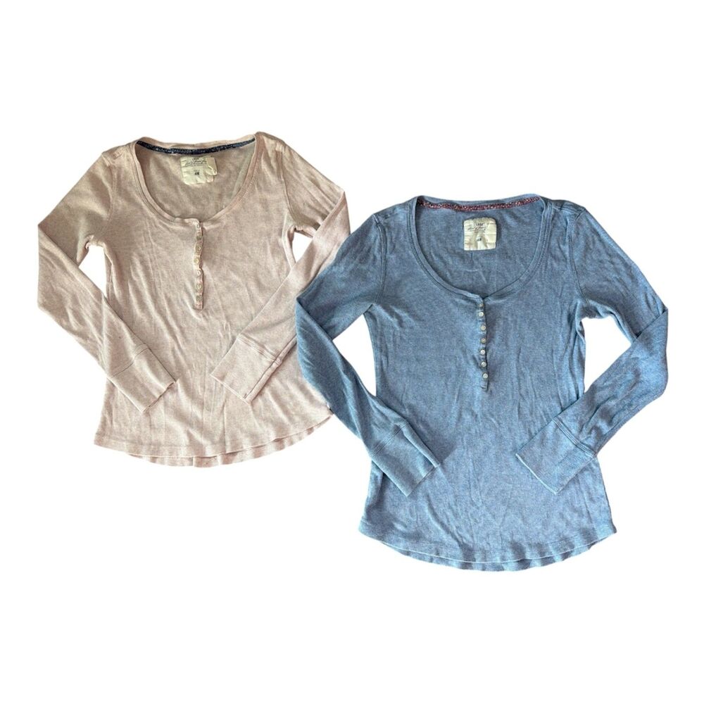 2 Womens Henley Pastel Colored Long Sleeve Blouses Tops Shirts by H&M sz Large